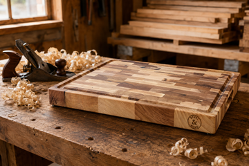 Bevel & Bond maple cutting board on a woodworker's bench in a US workshop with maple lumber and shavings