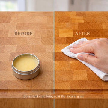 Before and after applying Board Balm to an end-grain cutting board, restoring the wood's rich natural grain