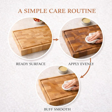 How to use Board Balm cutting board wax in three steps: ready the surface, apply evenly, buff smooth