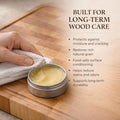 Board Balm conditioning a maple butcher block, food-safe cutting board wax that protects wood from moisture and cracking
