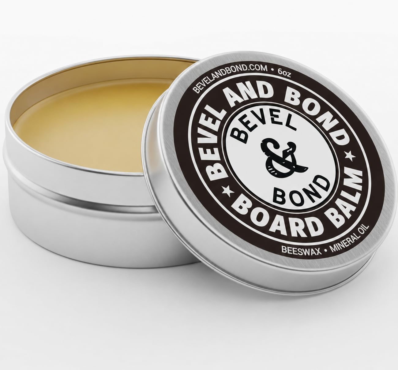 Open tin of Bevel & Bond Board Balm cutting board wax and conditioner, 6 oz beeswax and mineral oil blend