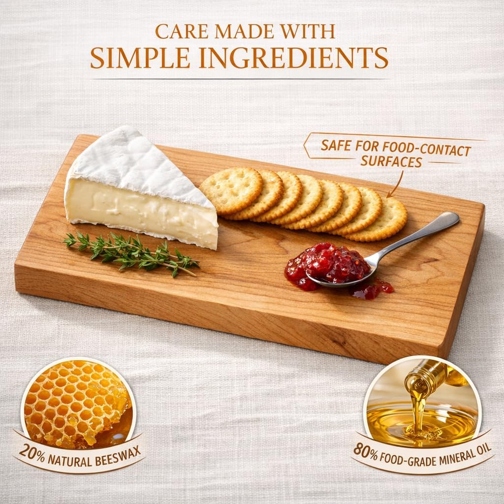 Board Balm ingredients: 20% natural beeswax and 80% food-grade mineral oil, safe for food-contact wood surfaces