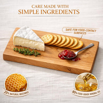 Board Balm ingredients: 20% natural beeswax and 80% food-grade mineral oil, safe for food-contact wood surfaces