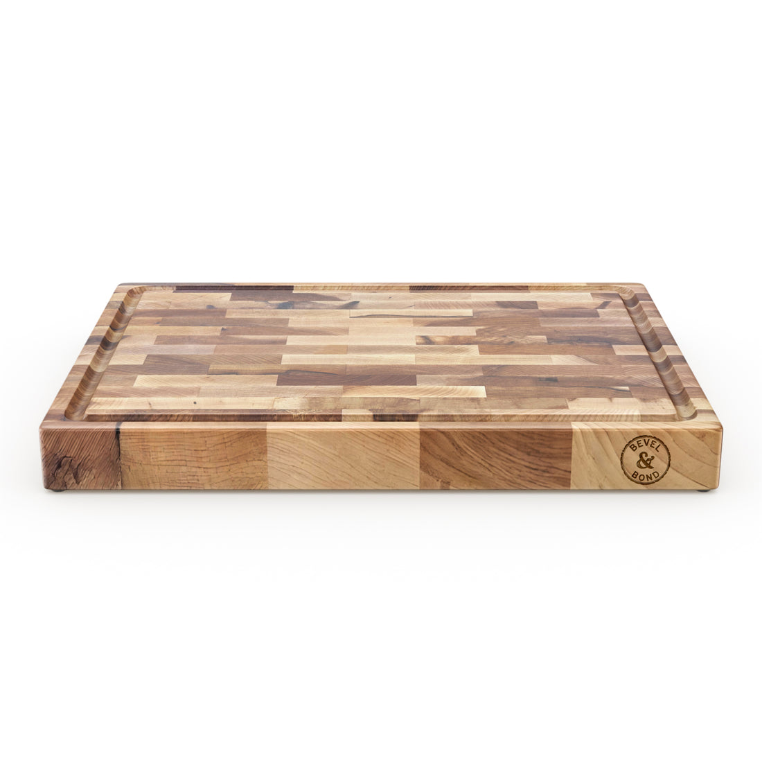 Bevel & Bond end-grain maple cutting board, 17 by 13 inches, viewed from above