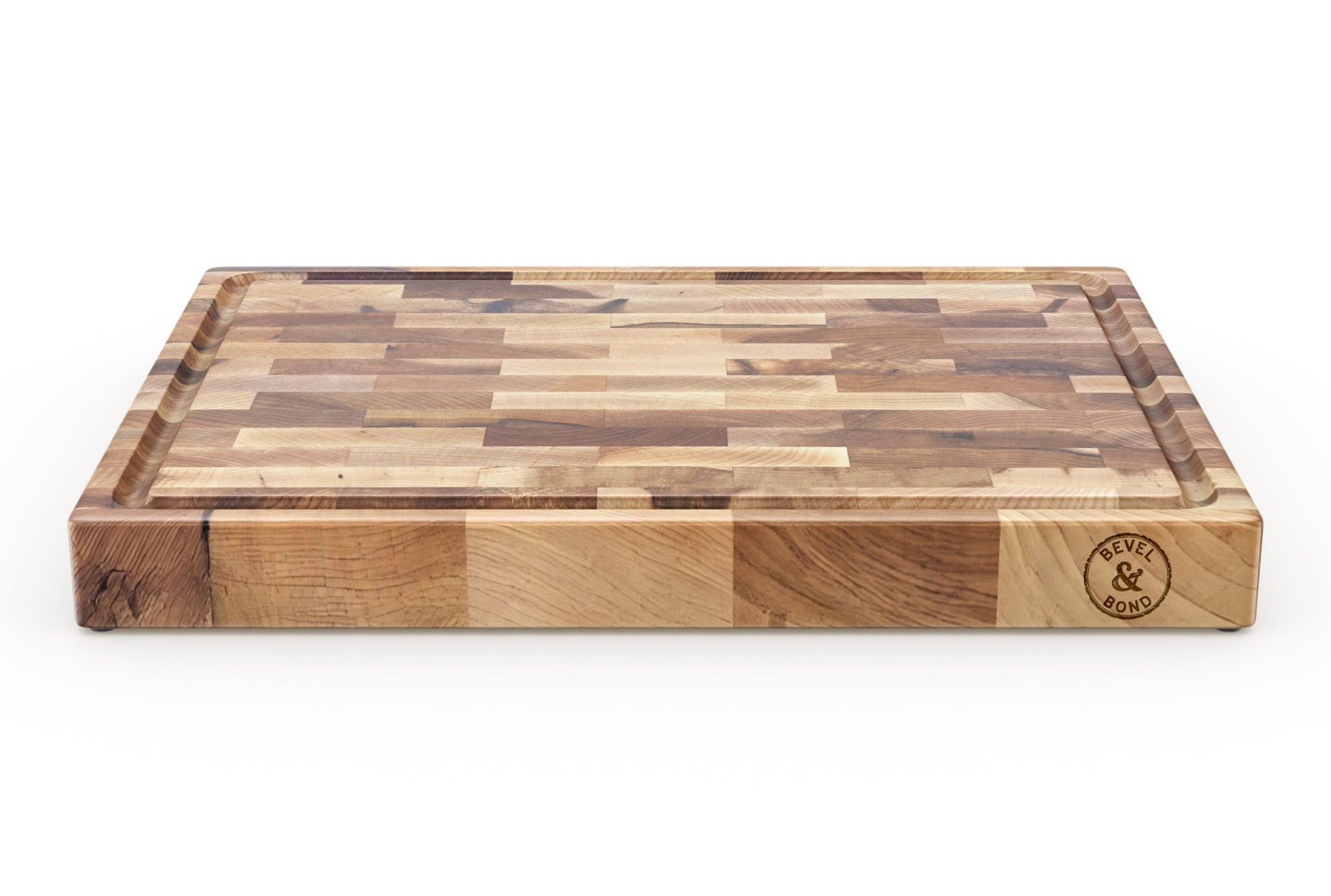 Bevel & Bond end-grain maple cutting board with its premium black gift box