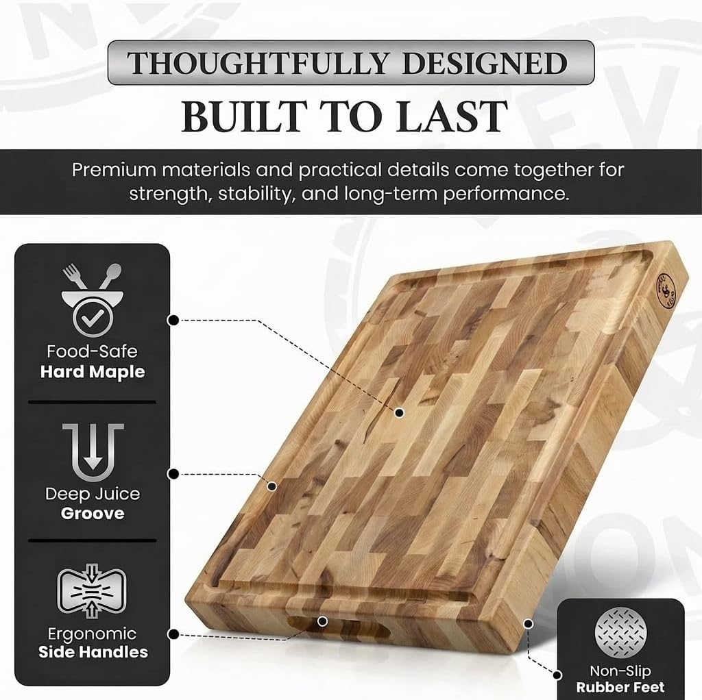 Board features labelled: food-safe hard maple, deep juice groove, ergonomic side handles and non-slip rubber feet