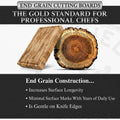 End-grain board beside a log cross-section, showing how end-grain construction lasts longer and stays gentle on knife edges