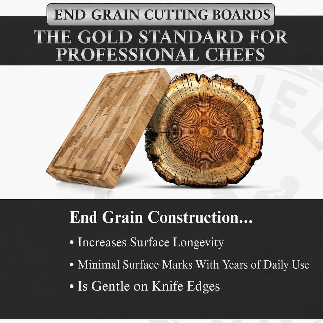 End-grain board beside a log cross-section, showing how end-grain construction lasts longer and stays gentle on knife edges
