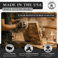 Craftsman sanding a maple cutting board in a US workshop, with the 5-year manufacturer guarantee