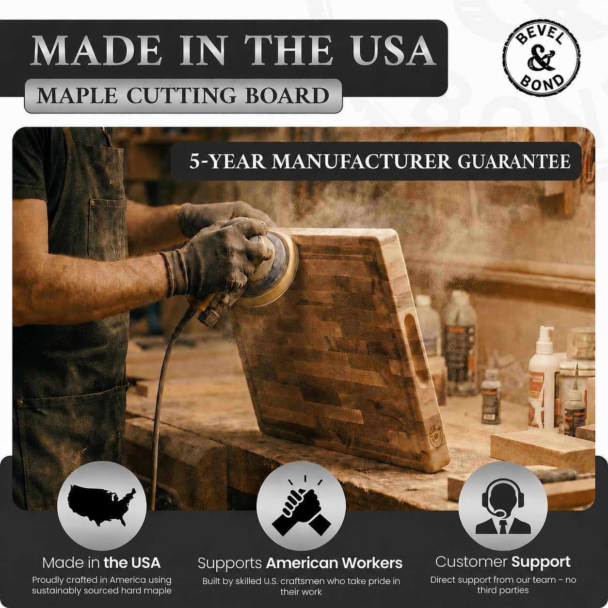 Craftsman sanding a maple cutting board in a US workshop, with the 5-year manufacturer guarantee
