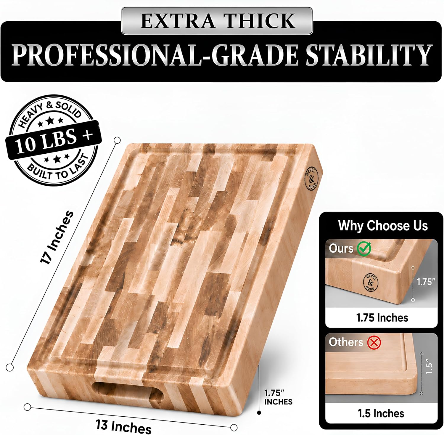 The board at 17 by 13 by 1.75 inches and over 10 lbs, its 1.75-inch edge shown beside a thinner 1.5-inch board