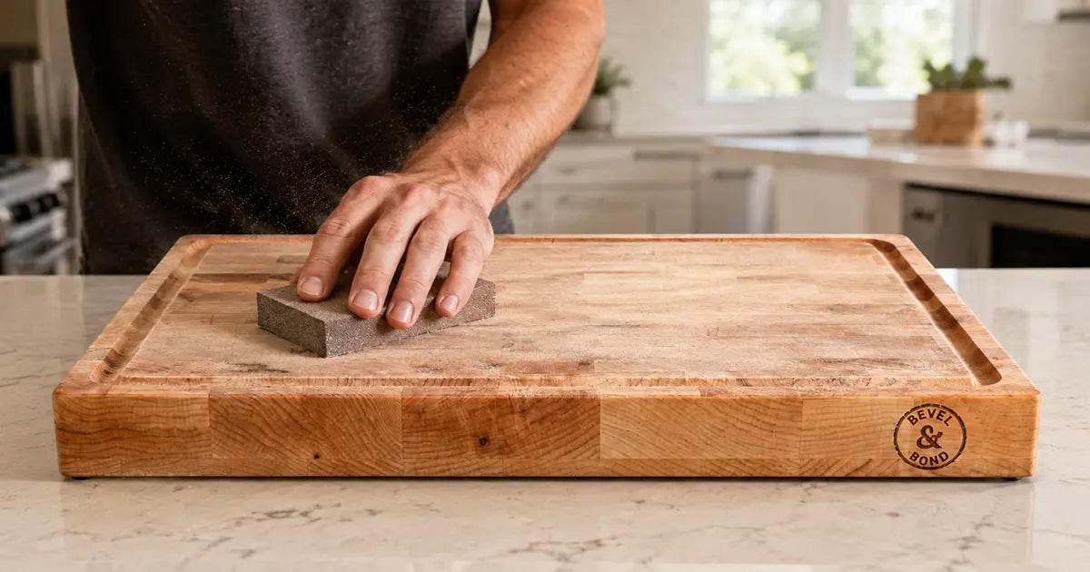 Close-up of sanding a walnut Bevel & Bond cutting board with visible knife marks