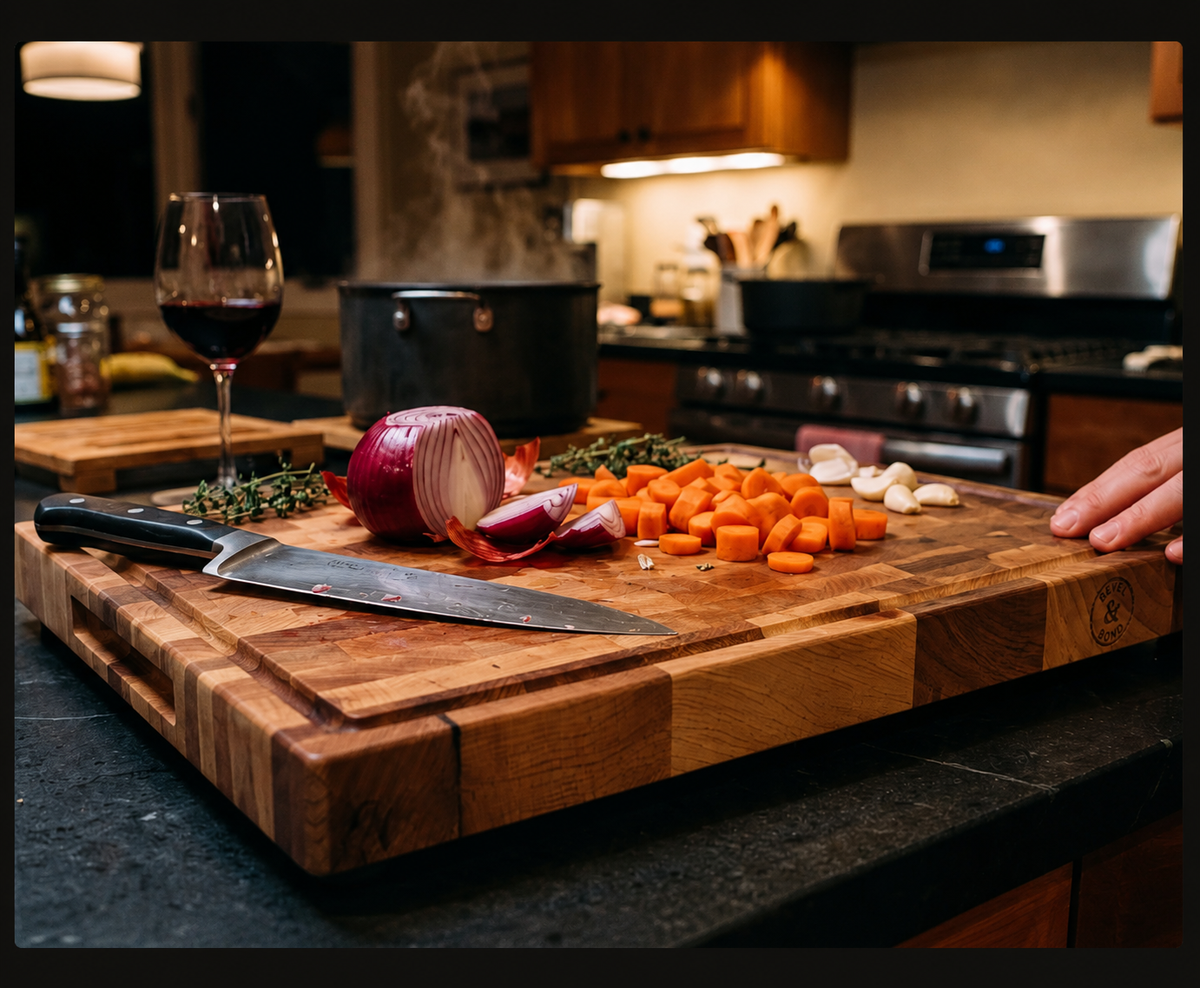 A Bevel and Bond end-grain hard maple cutting board in use on a dark kitchen counter with fresh herbs, a halved lemon and a chef's knife.