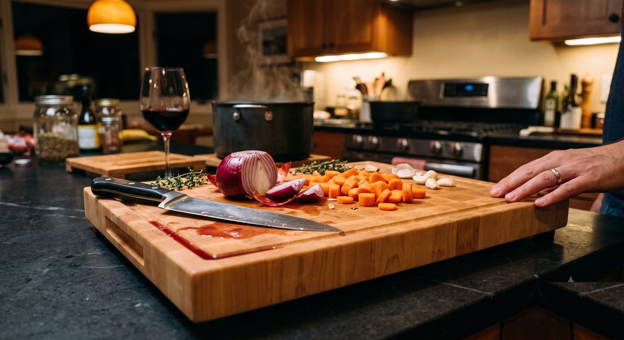 Bevel and Bond hard maple end-grain cutting board in use