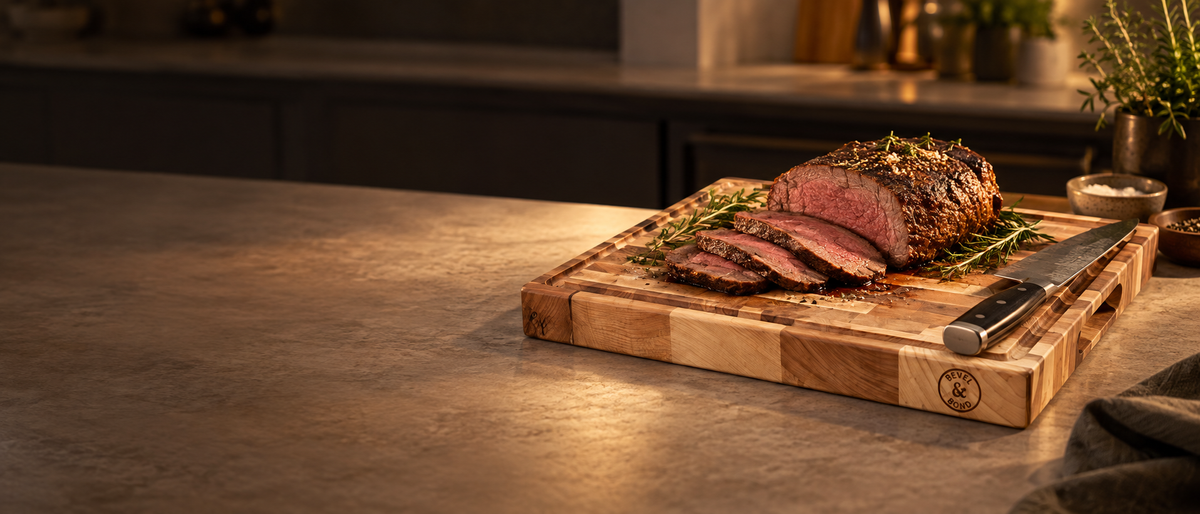 Chef slicing a roast on a thick end-grain maple cutting board with a juice groove